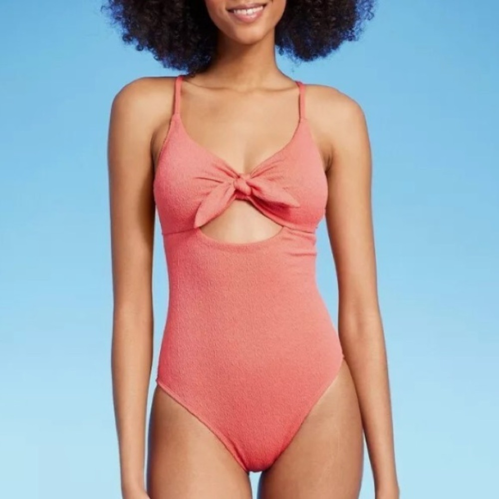 Shade & Shore Pink Crepe Bralette Tie Front Keyhole One Piece Swimsuit S/XL NEW